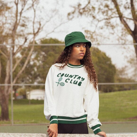 Ellsworth + Ivey Country Club Sweatshirt Sz S Tennis Racket Motif White & Green - Picture 1 of 11